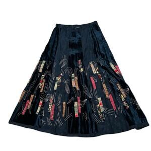 Black Velvet Patchwork Skirt Boho Embroidered Maxi Skirt  / Women’s XL -